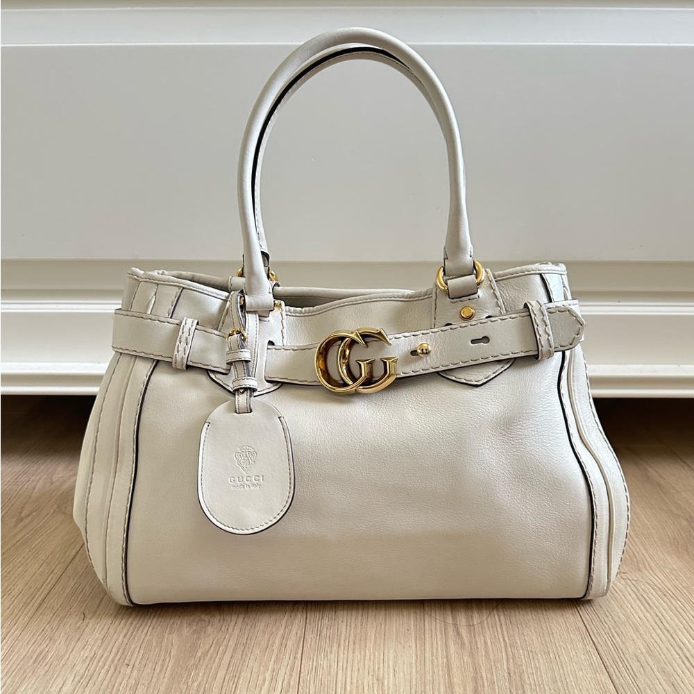 Gucci White Leather GG Running Tote Bag Medium